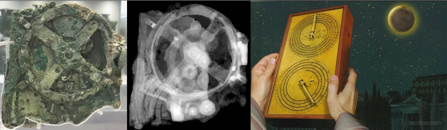 Figura 1 Peça do mecanismo de Antikythera, onde encontra-se a maior parte das engrenagens e uma ilustração de como os cientistas gregos da época usavam o mecanismo.