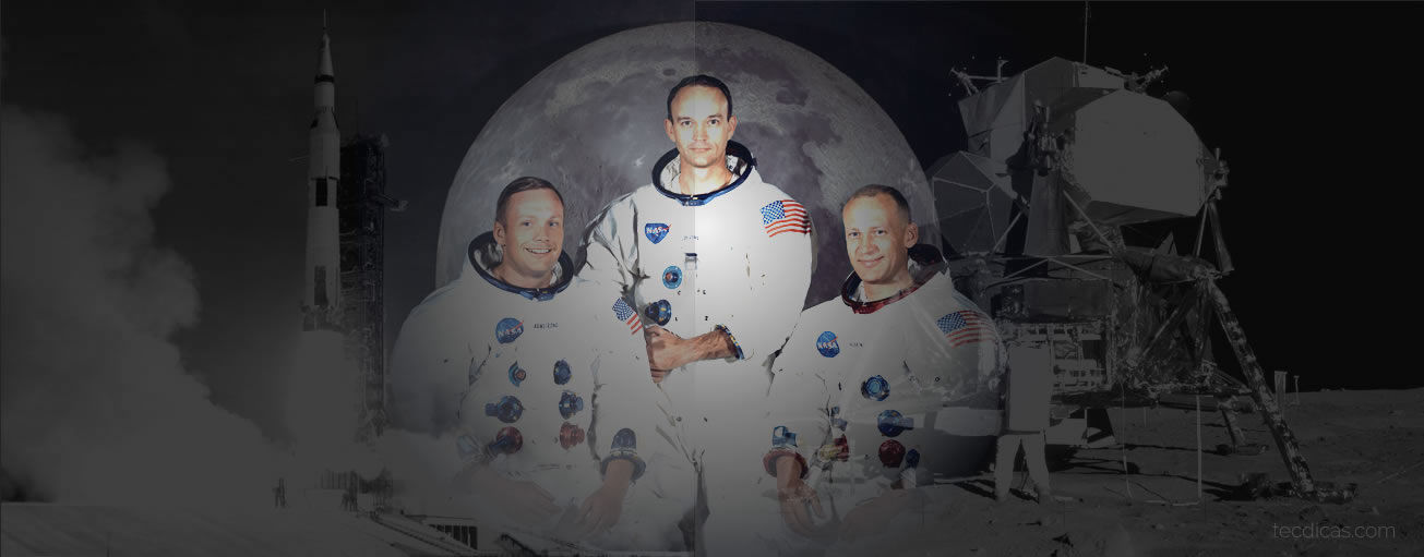 Figura 21. Astronautas Armstrong, Collins e Aldrin. Ao fundo, Foguete Saturn V e Eagle.